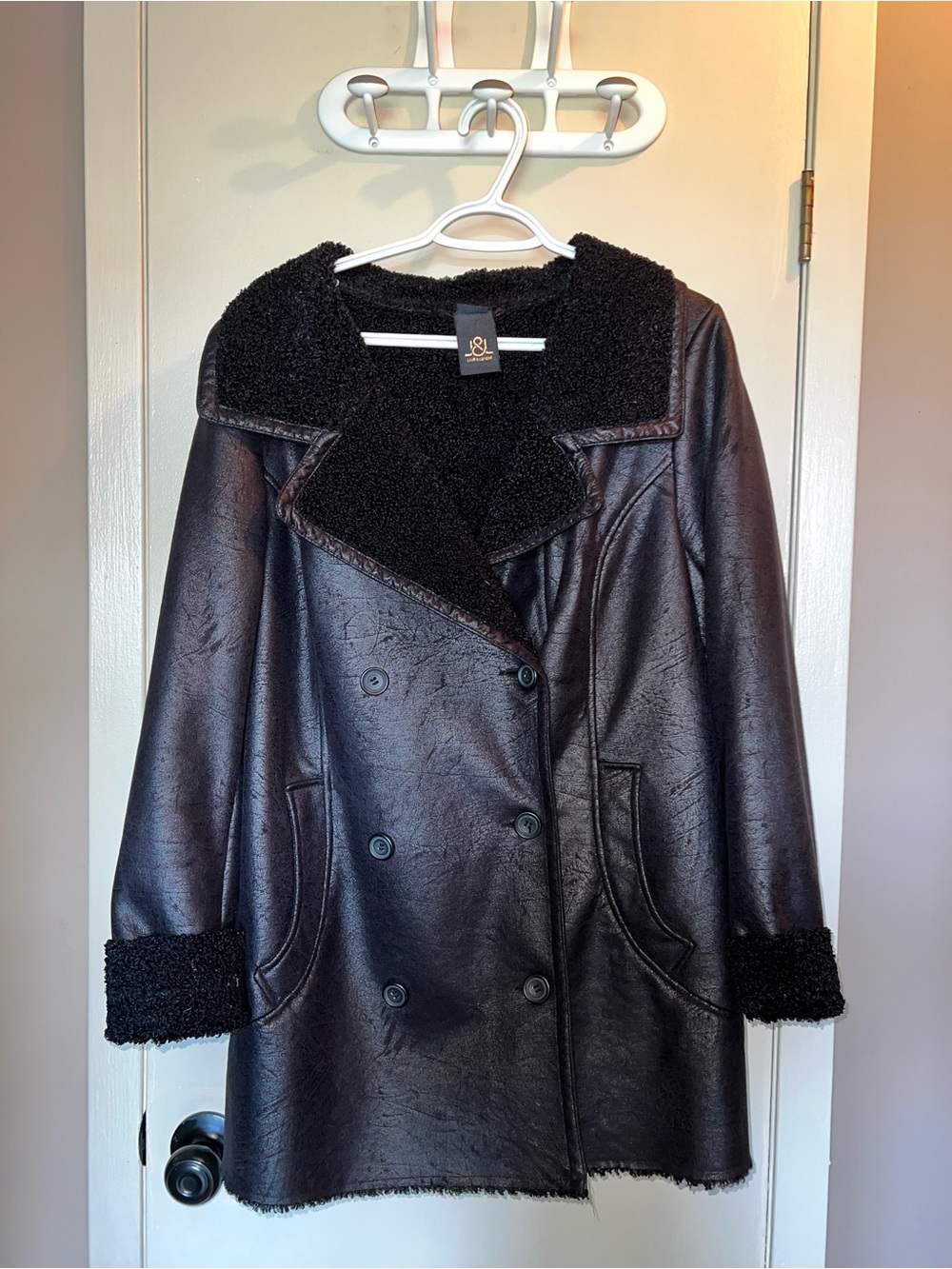 Black Faux Leather Double-Breasted Jacket with Sherpa Trim